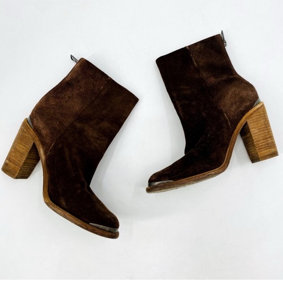 ALLSAINTS Suede Leather Boots Stacked Heel Booties Chocolate Brown Size 39 - Picture 2 of 12